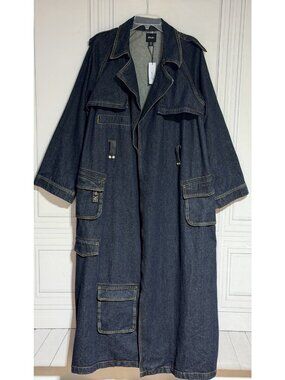 Women's Nasty Gal Denim Trench Coat Oversized Indigo Blue Sz 12 NO BELT